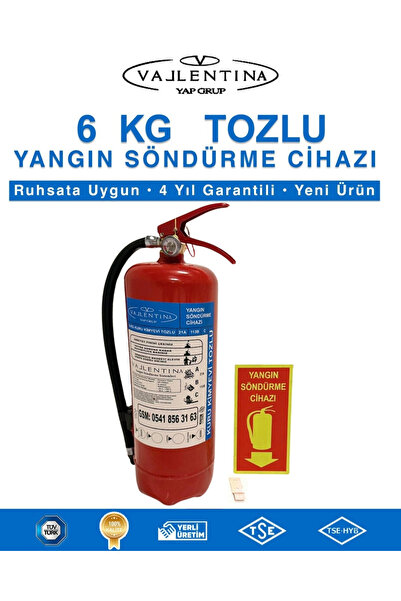 VALLENTİNA 6KG KURU KİMYEVİ TOZLU YANGIN SÖNDÜRME CİHAZI RUHSATA UYGUN TSE-HYB/CE BELGELİ (LEVHA-ASKI APARATLI)