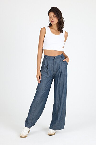 LMV Women's High Waist Wide Leg Denim Look Palazzo Pants