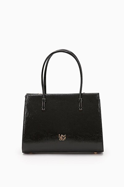 AYK'S Дамска чанта за ръка и рамо от черна набръчкана лачена кожа 930156