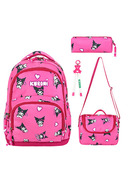BLACK Kuromi Patterned Triple Children's Primary School Bag (Bag.Thermal Nutrition.Pencil Holder)
