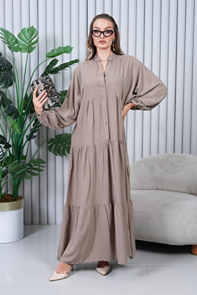 AYASOFYA OTANTIK Women's Mink Buttoned Placket Collar Oversized Loose Balloon Sleeve Long Dress