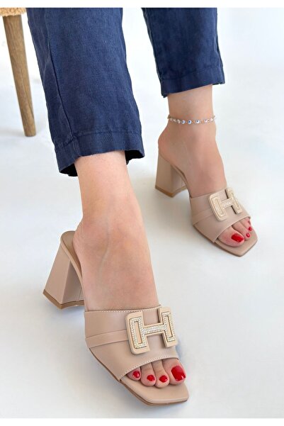 Cream Beige Skin Heeled Slippers