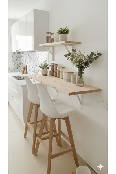 Modüler Ekipman Masif Ahşap Duvara Monte Mutfak Masası ve Dekoratif Raf Seti - Bar Masası ve Çalışma Masası