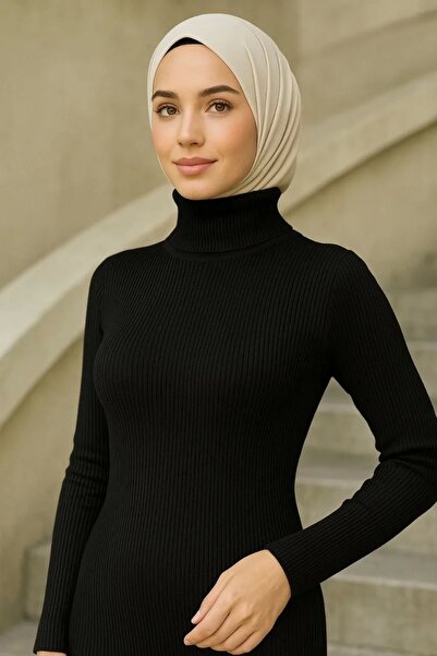Butik Women's Long Ribbed Knitwear Woven Dress Suitable for High Neckline - Black
