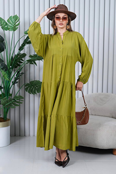 AYASOFYA OTANTIK Women's Oil Green Buttoned Placket Collar Oversized Loose Balloon Sleeve Long Dress