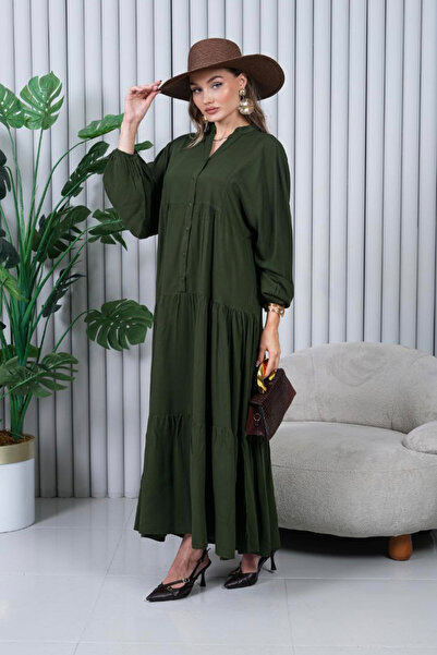 AYASOFYA OTANTIK Women's Khaki Buttoned Placket Collar Oversized Loose Balloon Sleeve Long Dress