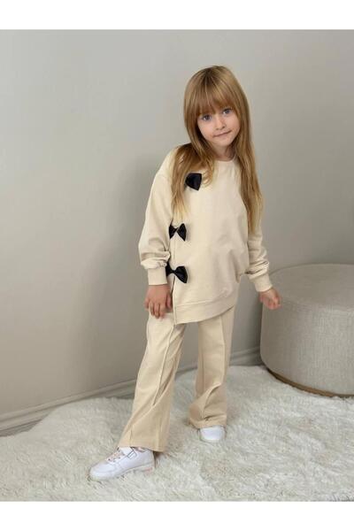 RAPAPA Girl's Beige Sweatshirt Black Bow Detailed Tracksuit Set 5019B