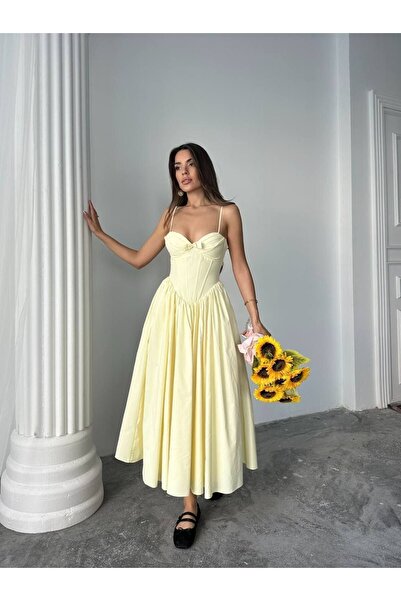 popibutik Kadın Kalp Yaka İnce Askılı Fiyonk Detaylı Korse Formlu Uzun Elbise