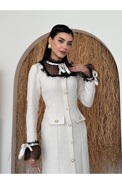 Julidress Премиум туид рокля с дължина до коляното с дантела и копчета