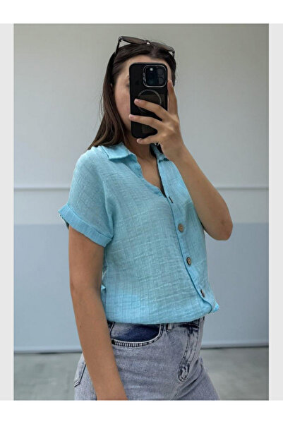 MODA Women's Textured Linen Short Sleeve V-Neck Collared Slim Fit Shirt