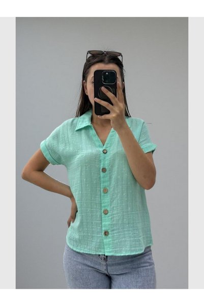 MODA Cămașă slim fit pentru femei, din in texturat, cu mânecă scurtă, cu guler în V