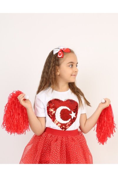 SLOBODA Girl's Red Moon Star Sequin Heart T-Shirt April 23-May 19-August 30 Show Attire