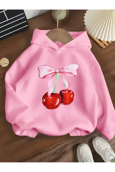 oneagılyazı Kışlık Kapüşonlu Sweatshirt, Çocuk Kurdele Kiraz Baskılı