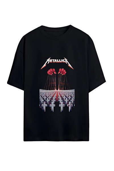 GraffTee تي شيرت ميتاليكا قطني كبير الحجم للجنسين