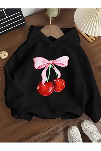 oneagılyazı Kışlık Kapüşonlu Sweatshirt, Çocuk Kurdele Kiraz Baskılı