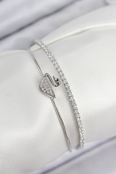 Toptan Bulurum Brass Zircon Stone Swan Model Silver Color Women's Bracelet