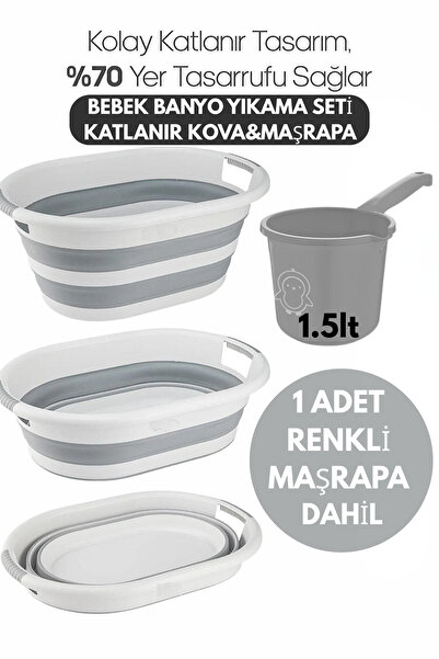 PONÇİK STORE Banyo Su Kovası Katlanabilir Beyaz-Gri- Maşrapa Renkli -2'li Bebek Banyo Seti Katlanır Kova