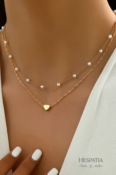hespatia İnci Detaylı Kalp Uçlu Çift Sıra Zarif Kadın Kolye – Şık & Modern Tasarım