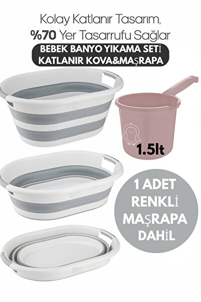 PONÇİK STORE Banyo Su Kovası Katlanabilir Beyaz-Gri- Maşrapa Renkli -2'li Bebek Banyo Seti Katlanır Kova