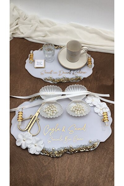 Denseden Söz Tepsisi Nişan Tepsisi İsteme Tepsisi Damat Tepsisi Damat Kahvesi Cam Kırığı Süslemeli kurdale