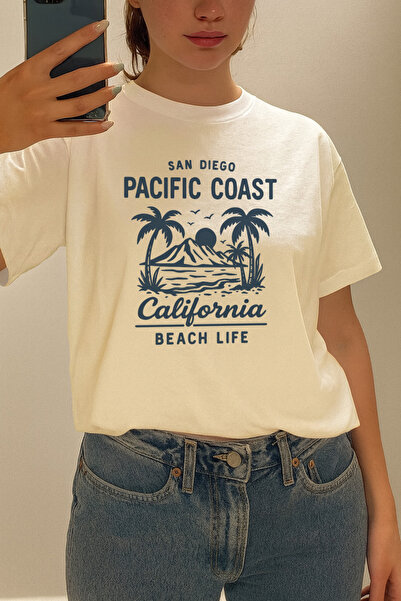 BLUGRIN تي شيرت مطبوع للجنسين من ساحل المحيط الهادئ |   كريم