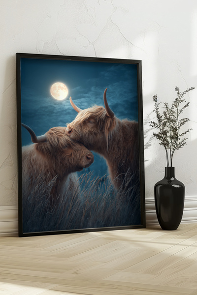 STARYUNA Pictură romantică cu cuplu de tauri cu rama din lemn negru Yuna403
