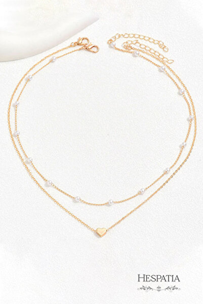 hespatia İnci Detaylı Kalp Uçlu Çift Sıra Zarif Kadın Kolye – Şık & Modern Tasarım