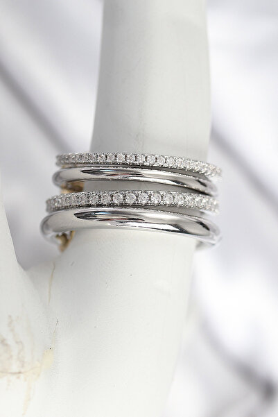 Marsilyan خاتم نسائي من النحاس والفضة اللون مرصع بحجر الزركون مكون من 4 قطع