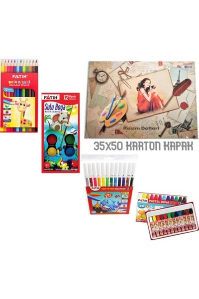 Fatih 4 Lü Okul Boyama Seti 35X50 Resim Defteri Seti 12'li Kuru Sulu Keçeli P...