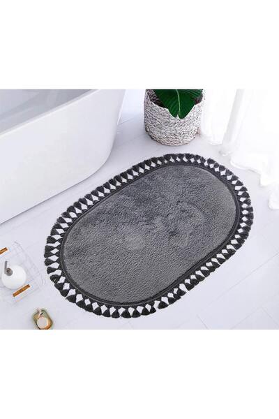 Dokumacıoğlu Relax Oval Antrasit Renk Kaymaz Tabanlı Ponpon Saçaklı Yıkanabil...
