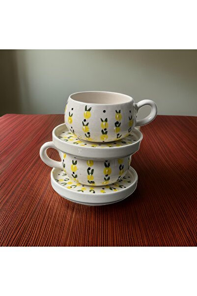 İlbay Çini Takı Baby Lemon Patterned Handcrafted Ceramic Mug with 2 Beren Plates |   Herbal Tea Cup