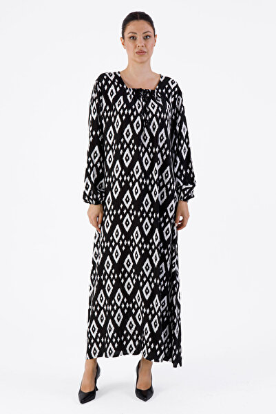 Mihvera Etnik Elmas Motifli Siyah Beyaz Viskon Anne Elbisesi