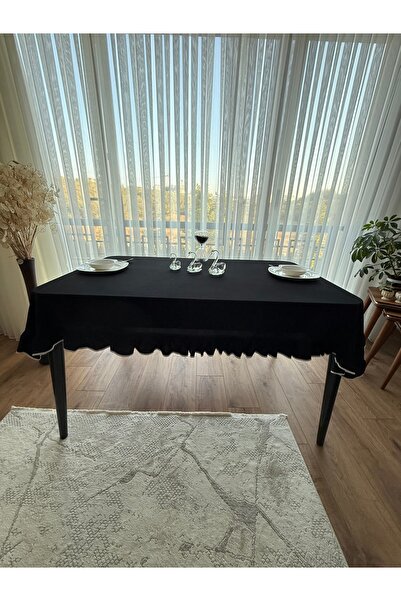 ARS DT Masa Örtüsü Beyaz Biyeli Görünümlü Fırfırlı Siyah Renk Lüx Görünümlü Örtü
