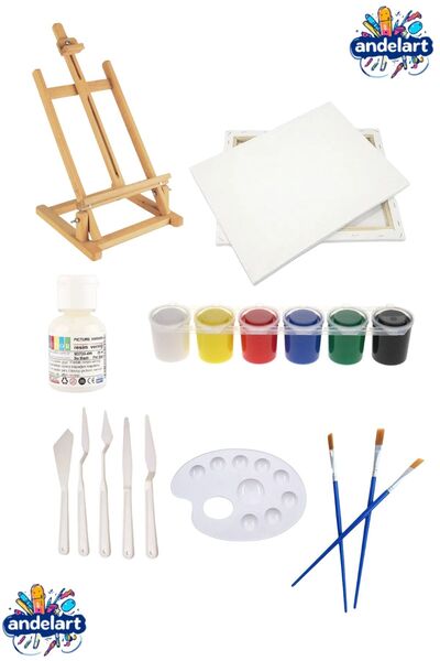 andelart Resim - Boya Seti Lüks - Masa Şövalesi, 1 Adet Tuval, Resim Verniği,...