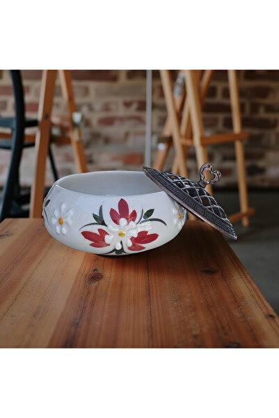 İlbay Çini Takı Ceramic Poyraz Sugar Bowl Red Crocus Flower