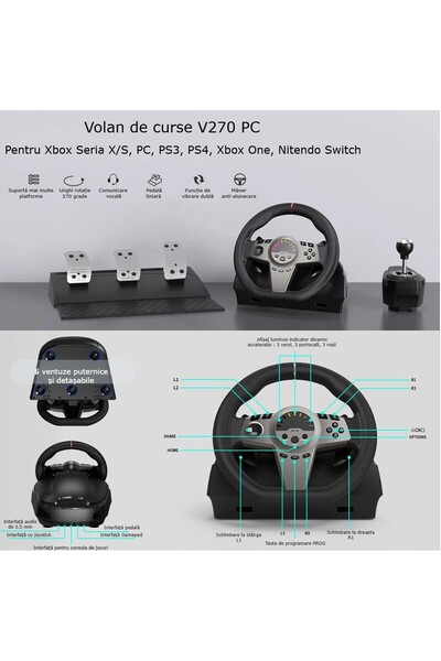 GBV LOGIC racing steering wheel with shifter and pedals, black, 270°, vibration, 3 pedals, LED light signals. TURBO