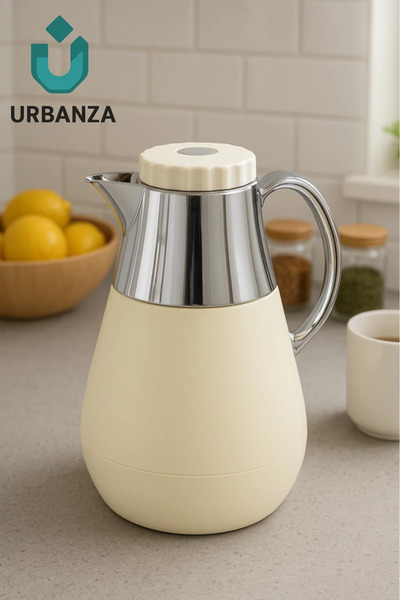 Urbanza Cream & Silver Vacuum Flask 1L – Stylish Insulated Thermos for Coffee & Tea