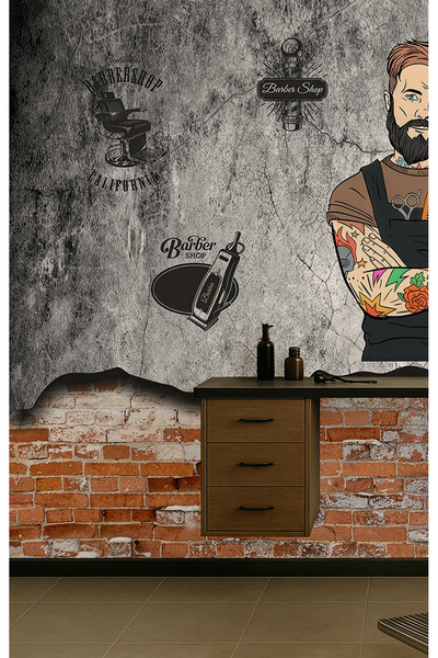 Tasarım Retro Tarz Berber Temalı Duvar Kağıdı Poster - Erkek Kuaför Dekoru
