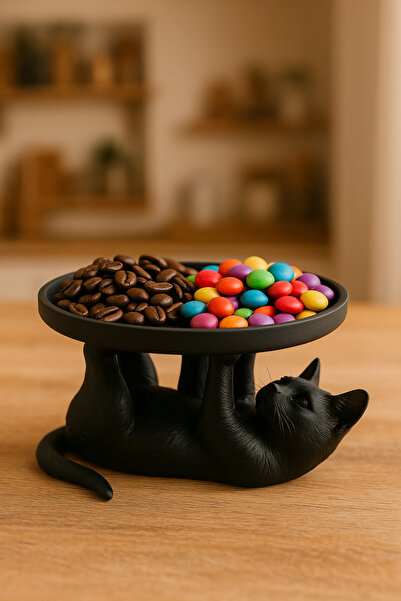 Findify Store Siyah Kedi Figürlü Sunumluk Banyo Sabunluk, Kahvaltı Tabağı, Takı Organizeri, Mumluk 14 x 14 cm