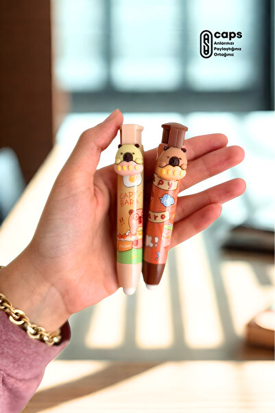 caps anlarınızı paylaştığınız ortağınız 2 Adet Capybara Figürlü Mekanizmalı Basmalı Kalem Silgi - Kapibara Figürlü Kalem Silgi