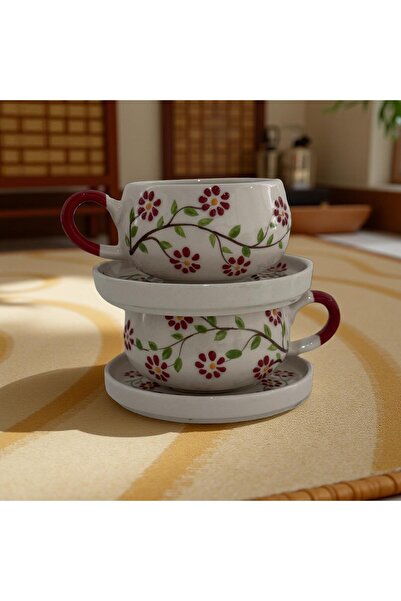 İlbay Çini Takı 2 Mugs with Ivy Flower Pattern and Beren Plate