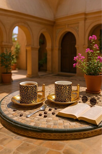 Gzl55 Leopar desenli Aynalı Gold T Kulplu Türk Kahvesi Fincan takımı 2li set