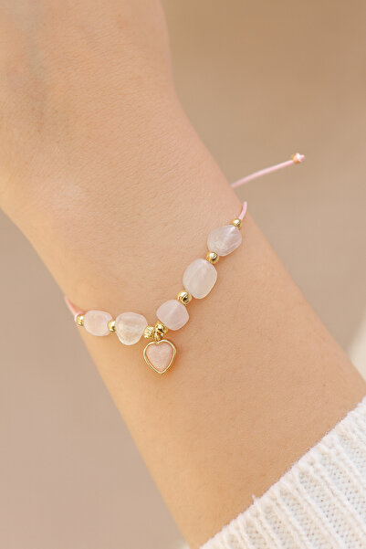 LOVELOTUS Bracelet Pink Quartz Natural Stone Tumbled Cut Heart Figured Gorgeous Bracelet