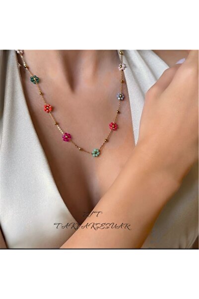 Butik 316L Çelik minik renkli çiçek detaylı Çelik kolye