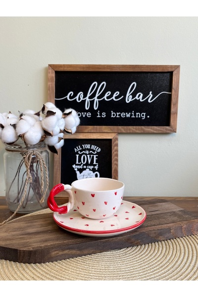 Elmas Handmade Ceramic Cup and Saucer with Red Heart / Handle