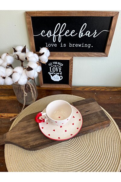 Elmas Handmade Ceramic Cup and Saucer with Red Heart / Handle