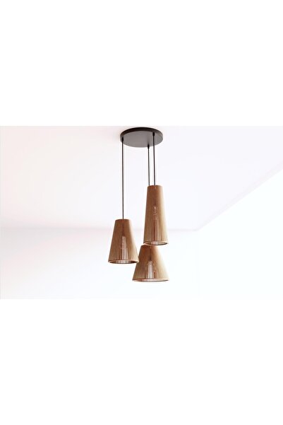 Ferisa Home 3lü Ahşap Avize Salon Avizesi Rustik Avize