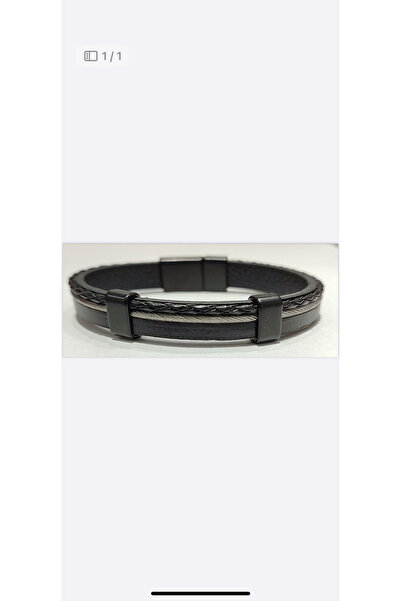 ATKGİYİM Bracelet Men's Black Leather Braided Detailed Steel Bracelet