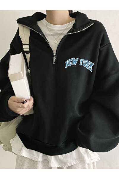 cc collection Sweatshirt pentru femei, cu imprimeu New York, cu jumătate de f...