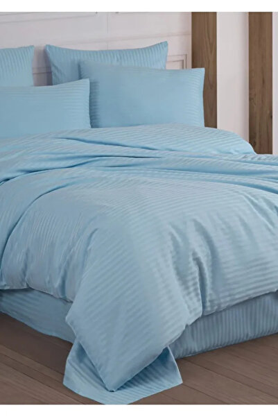 FAMİLYA TEKSTİL طقم غطاء لحاف مزدوج فاخر من قطن الساتان بنسبة 100% - أزرق سماوي